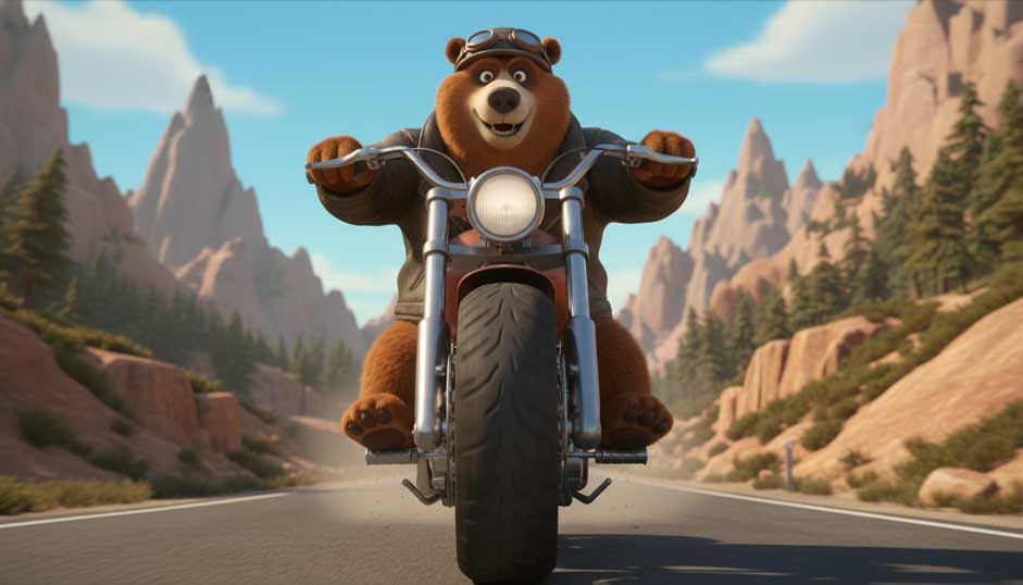 A bear whistles happily on a motorcycle.