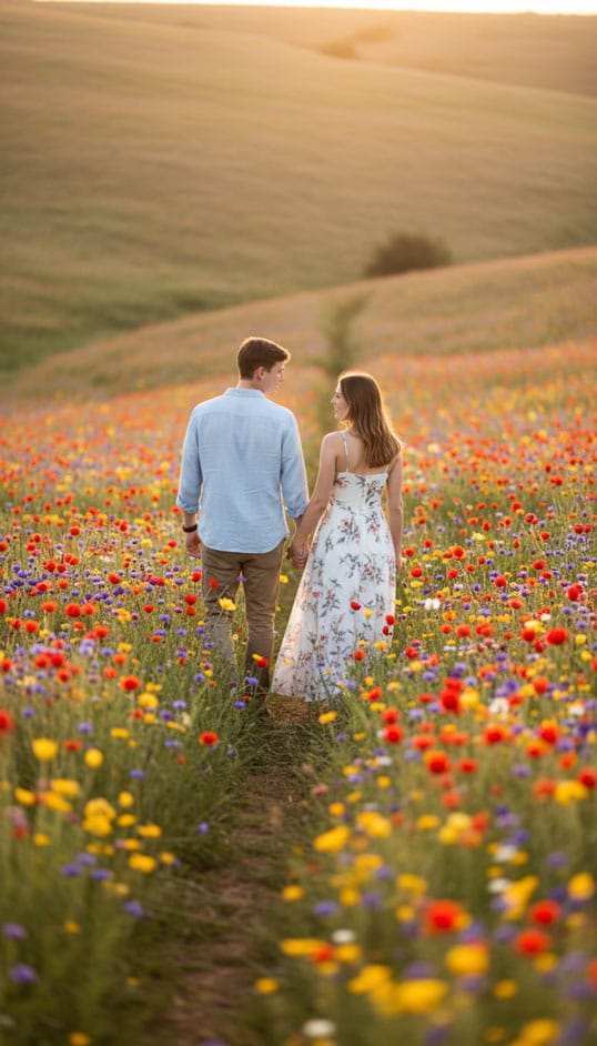 A couple walking hand in hand in the sea of flowers.