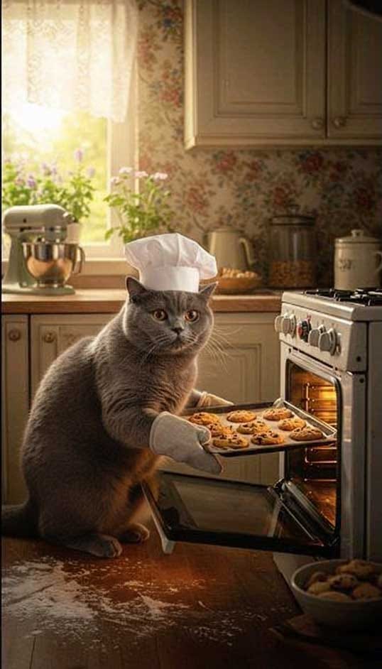 The cat put the baking tray into the oven and closed the oven door.